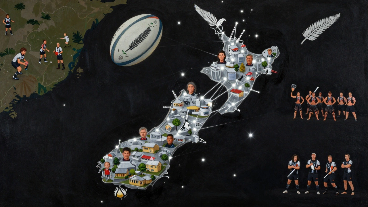 A rugby ball floating above New Zealand, connected by glowing threads to people and places across the nation.