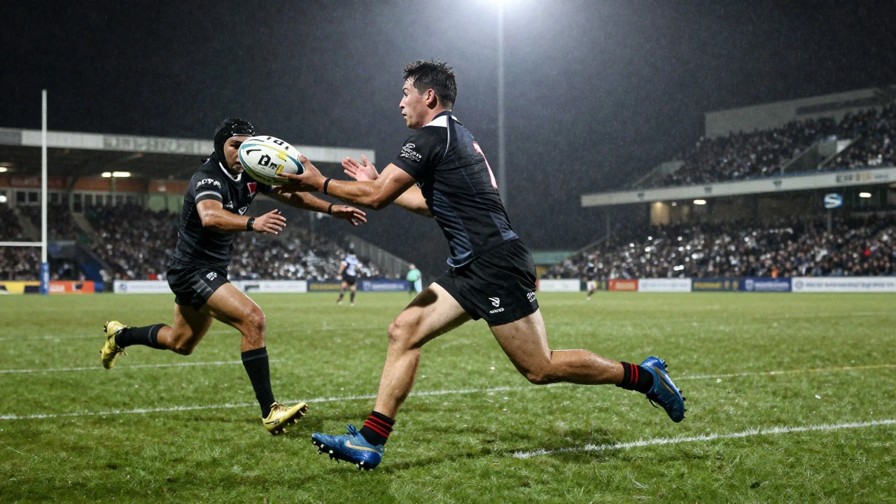A rugby league player being tackled at full speed on a wet field, motion blur showing relentless pace.