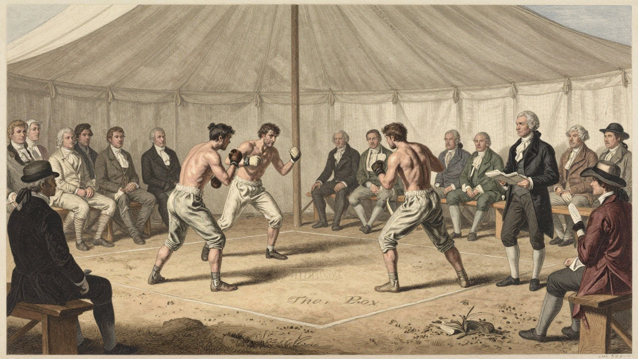 An 1743 boxing match depicted in an antique engraving, with a marked square called 'The Box' and spectators in wigs.