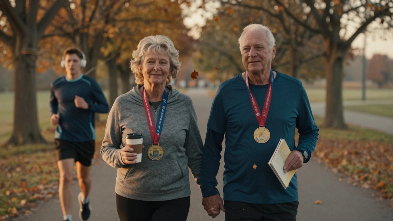 An elderly couple walking together, wearing marathon medals, as a young runner passes by.
