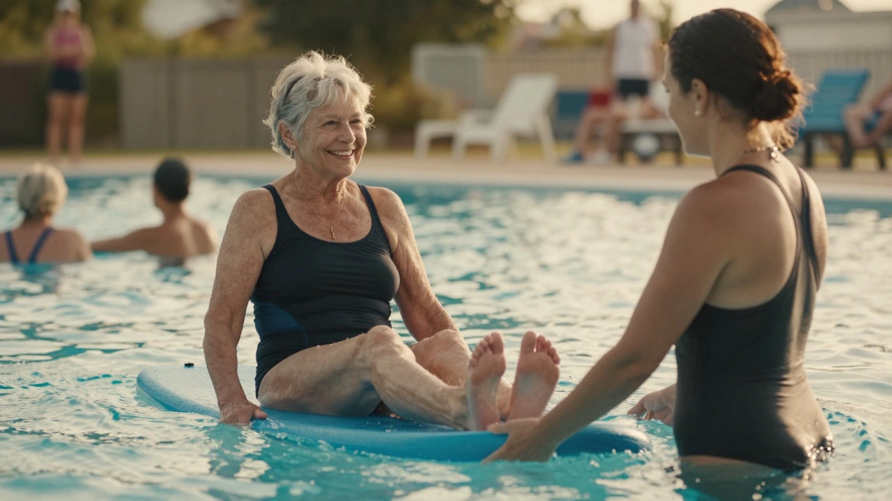 An older woman kicking with a swim board while an instructor watches nearby in a community pool.