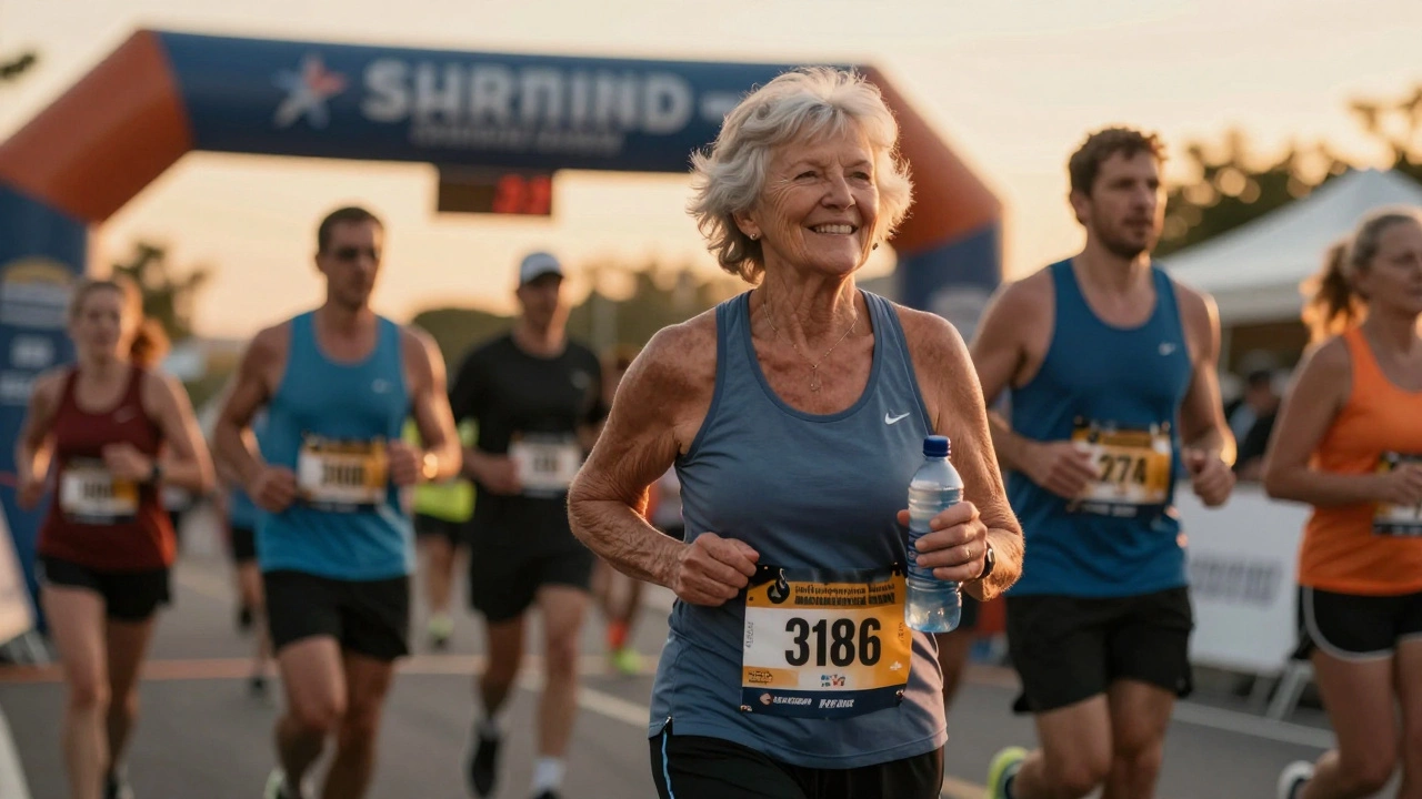An older woman walking steadily during a marathon, smiling as the finish line approaches in the distance.