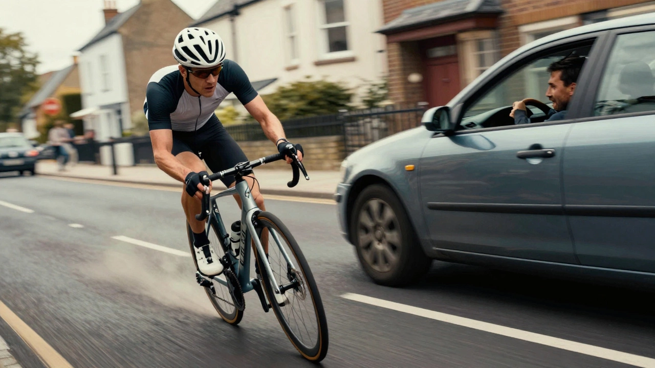 Cyclist swerving into car's path causing near-collision on UK street.