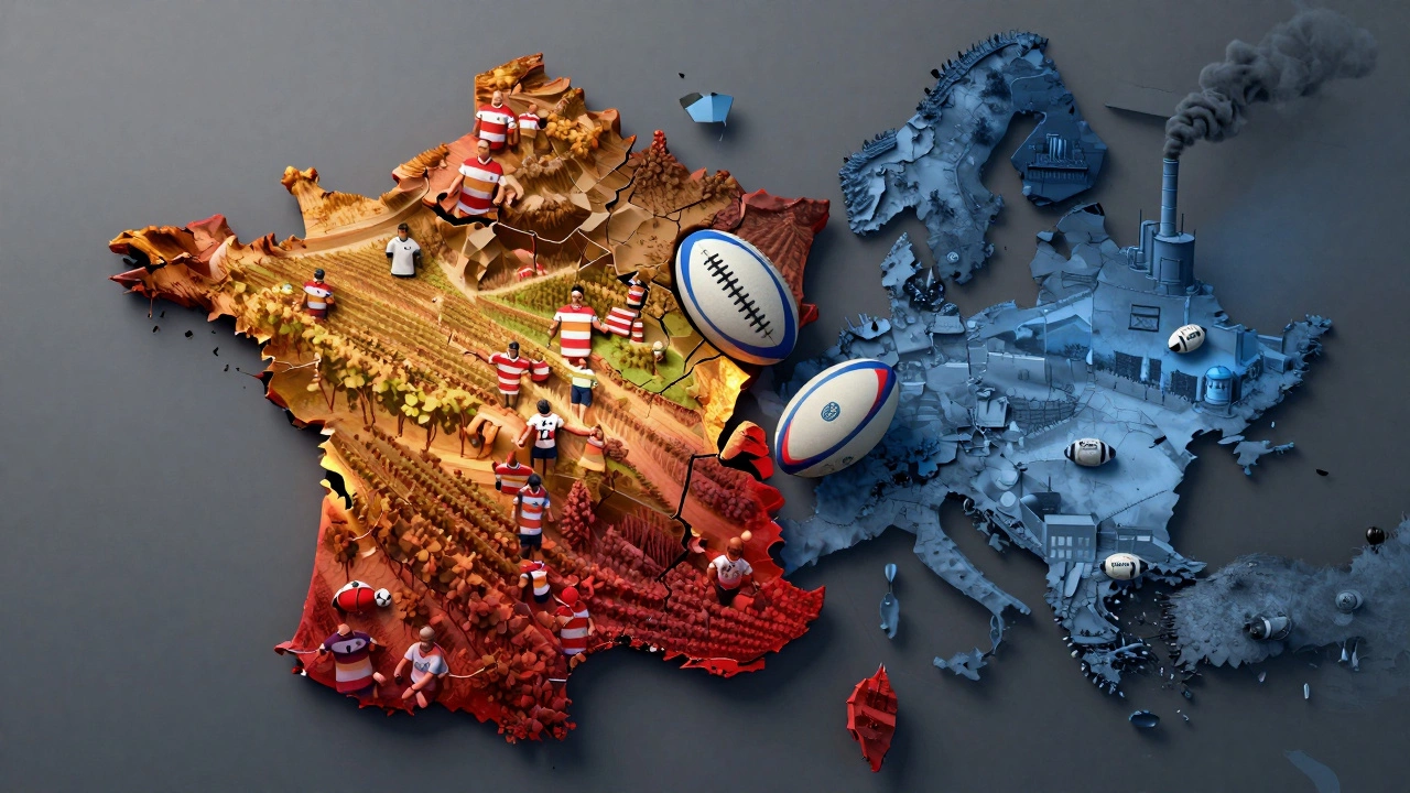 Fractured map of France showing rugby in the warm southwest and football in the cold north, a broken ball at the border.