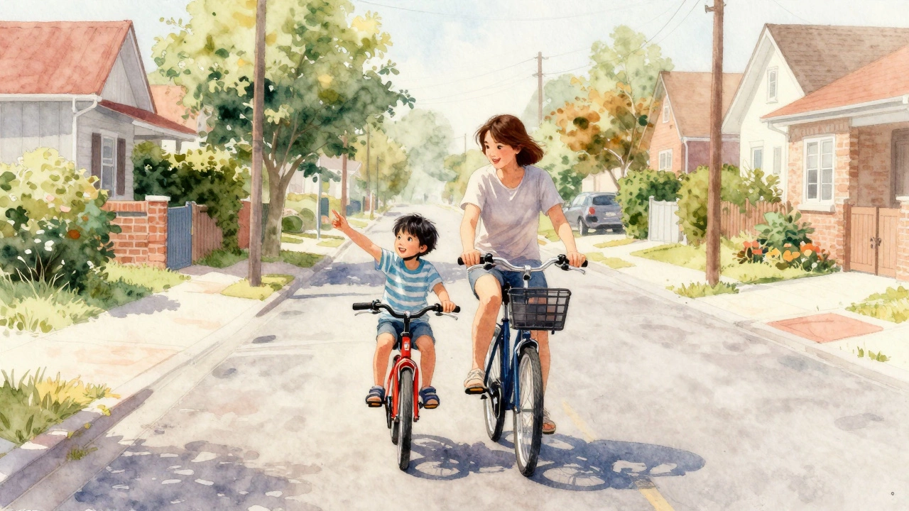 Parent and child cycling, child signaling right turn on quiet street.