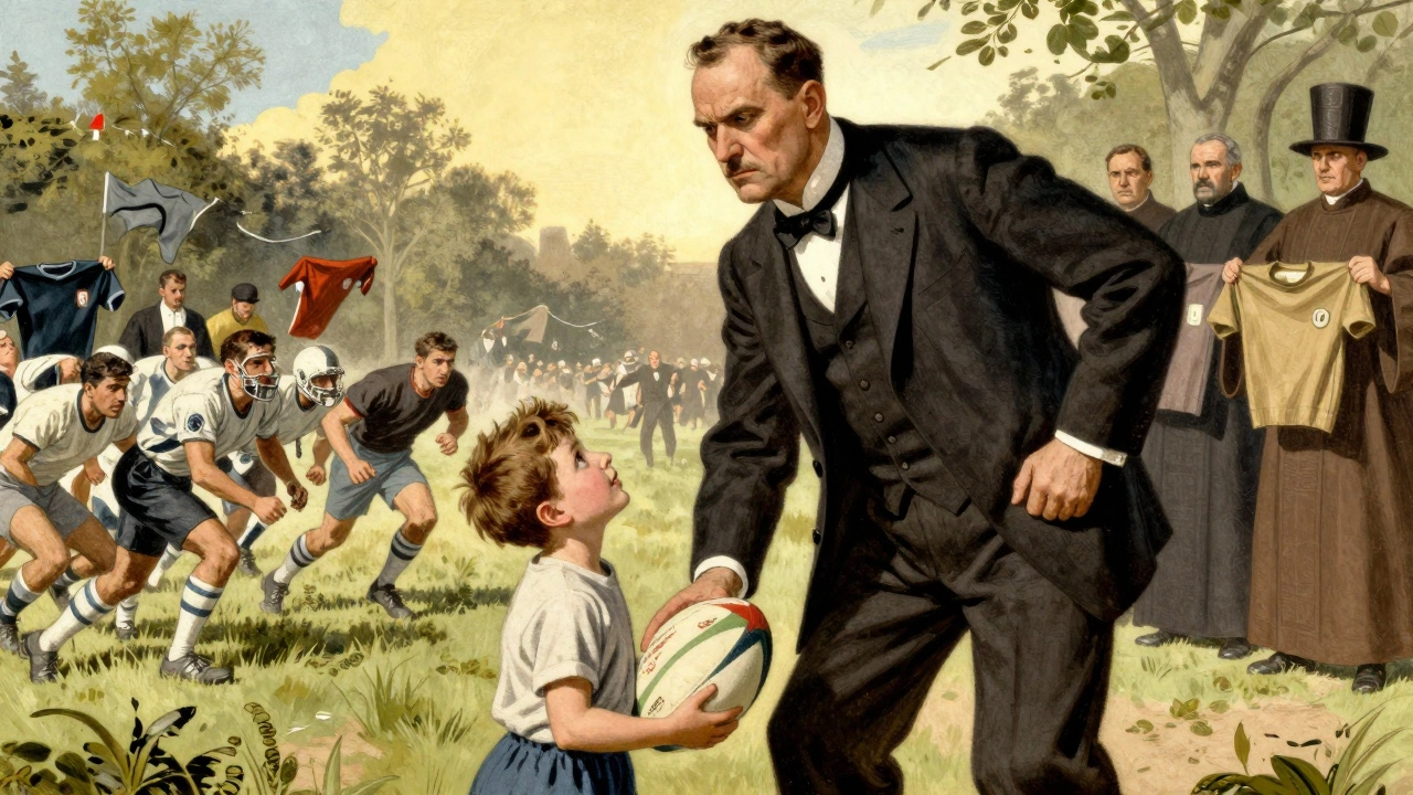 Political cartoon of a republican official overshadowing a child with a rugby ball, while football players play in the background.