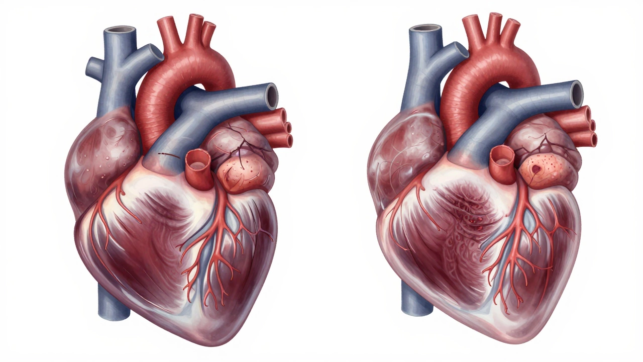 Side-by-side comparison of a healthy heart and a heart with scar tissue from overtraining.