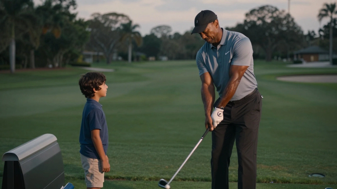 Tiger Woods swings a golf club with his son Charlie watching beside him on a quiet practice range.