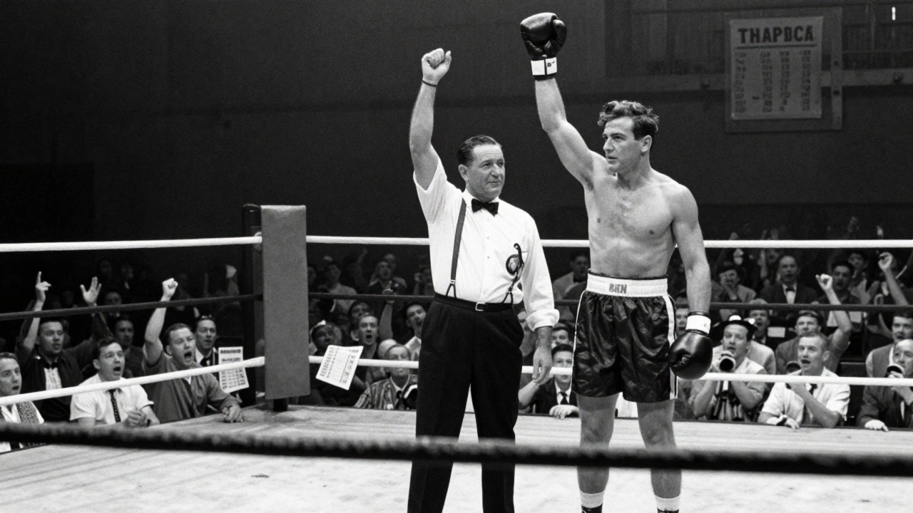 A 1950s boxing match with a referee raising a winner's hand, crowd blurred in vintage black-and-white style.