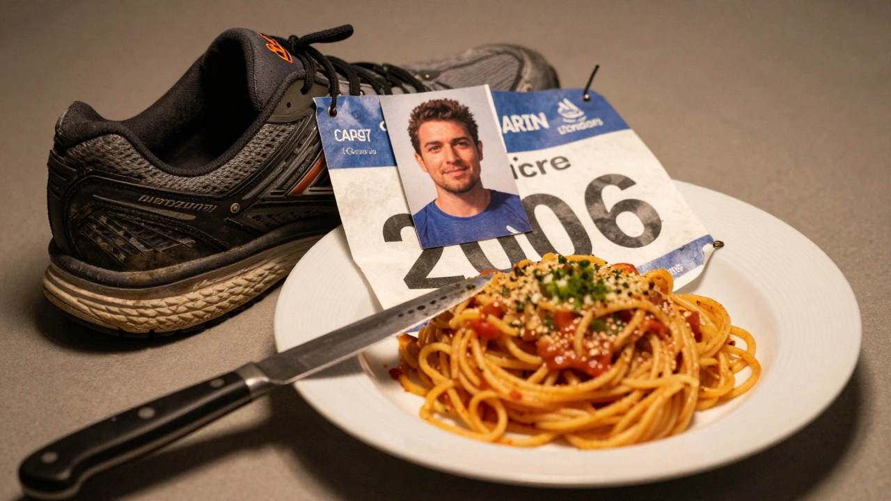 A chef's knife and running shoe beside a marathon bib and a photo of his father.