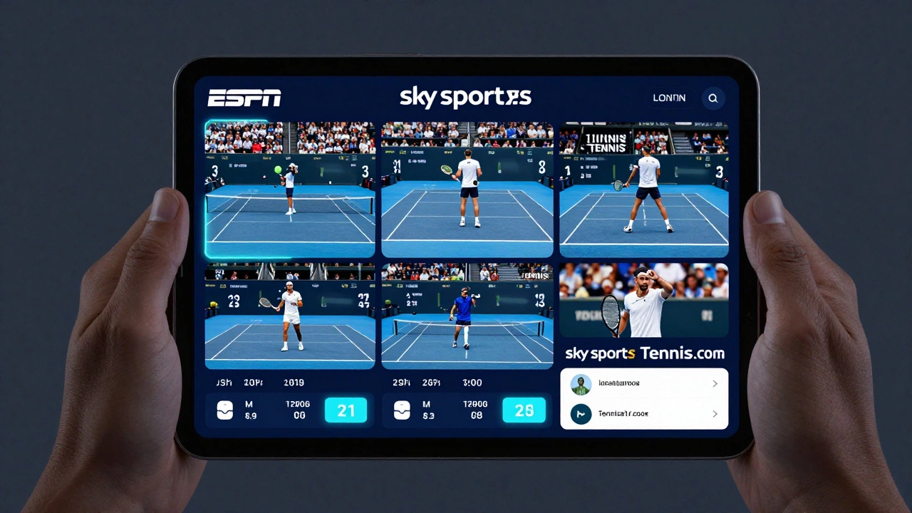 A tablet displaying live tennis streams from multiple global broadcasters in London.