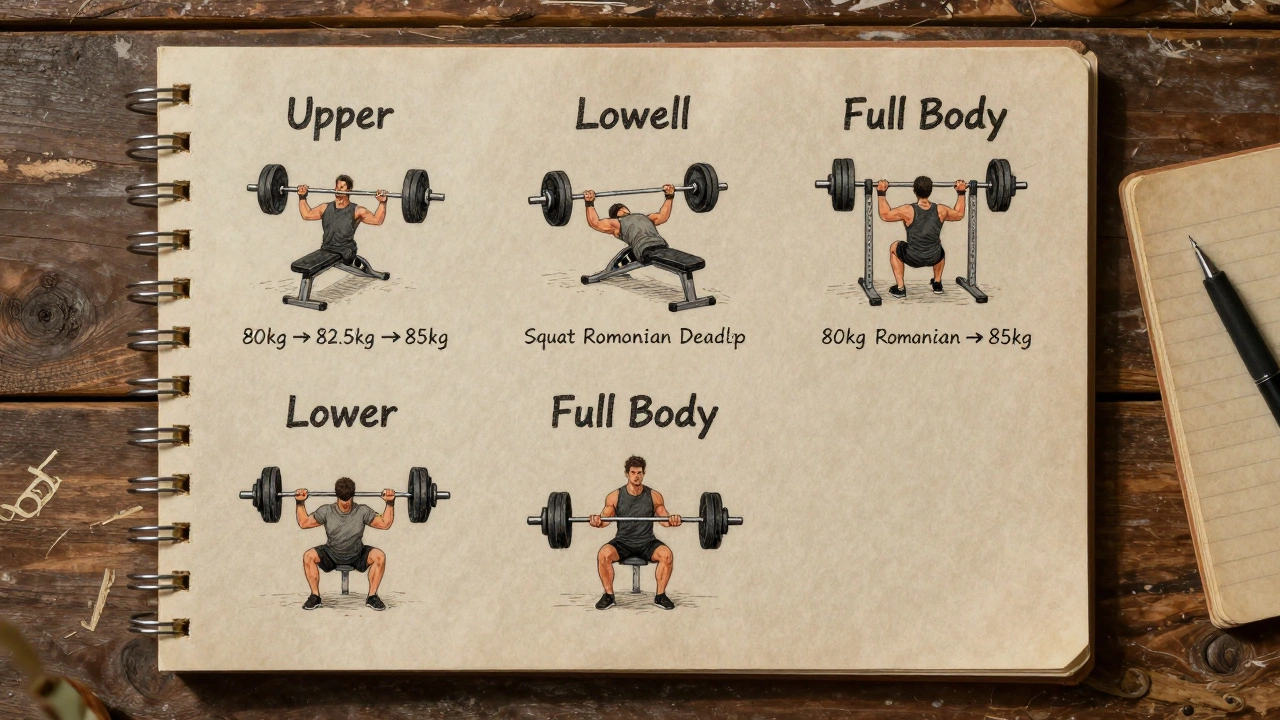 A wooden wall with a simple weekly workout plan showing only two exercises per session and incremental weight increases.