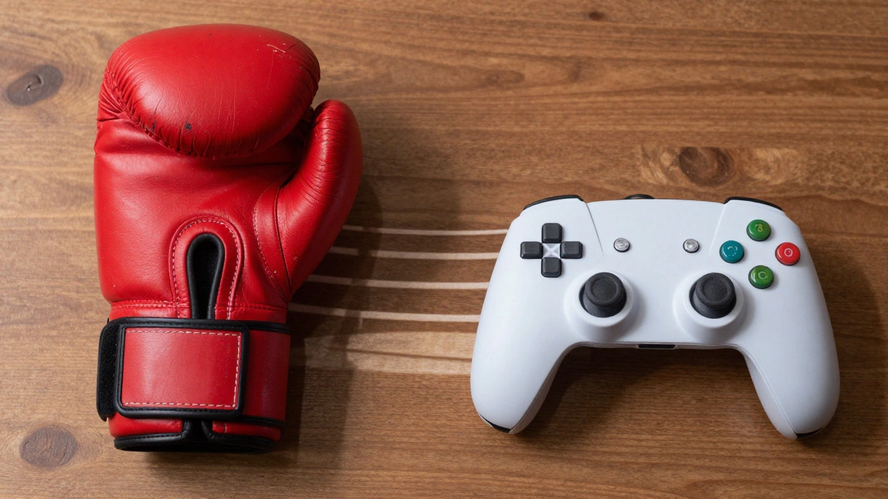 A worn boxing glove and a pristine video game controller side by side, symbolizing real sport versus digital simulation.