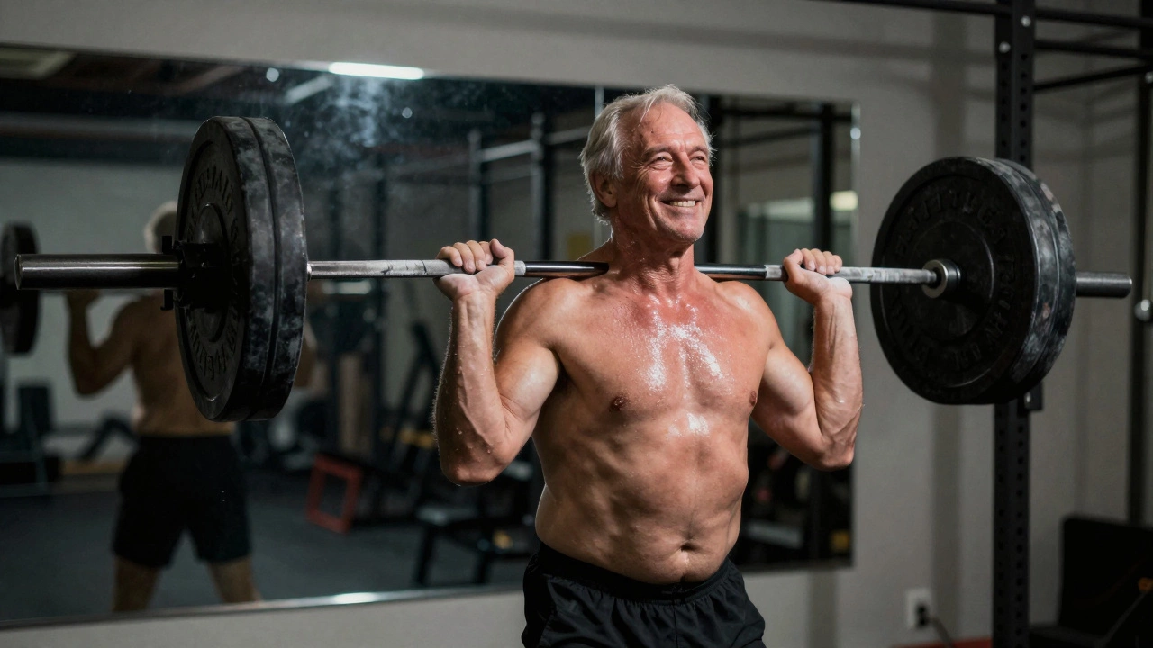 An older man standing tall after a deadlift, two reps completed, focused and strong, no distractions in the frame.
