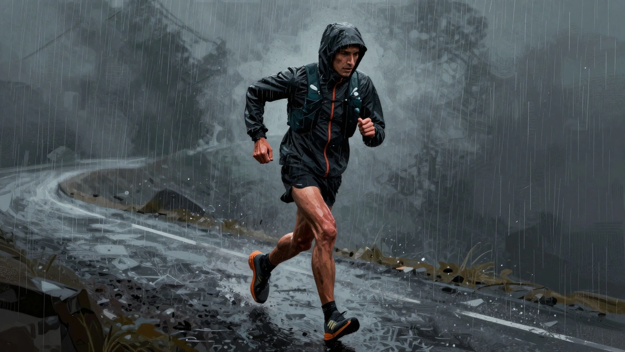 Athlete running uphill in heavy rain during a city race event.