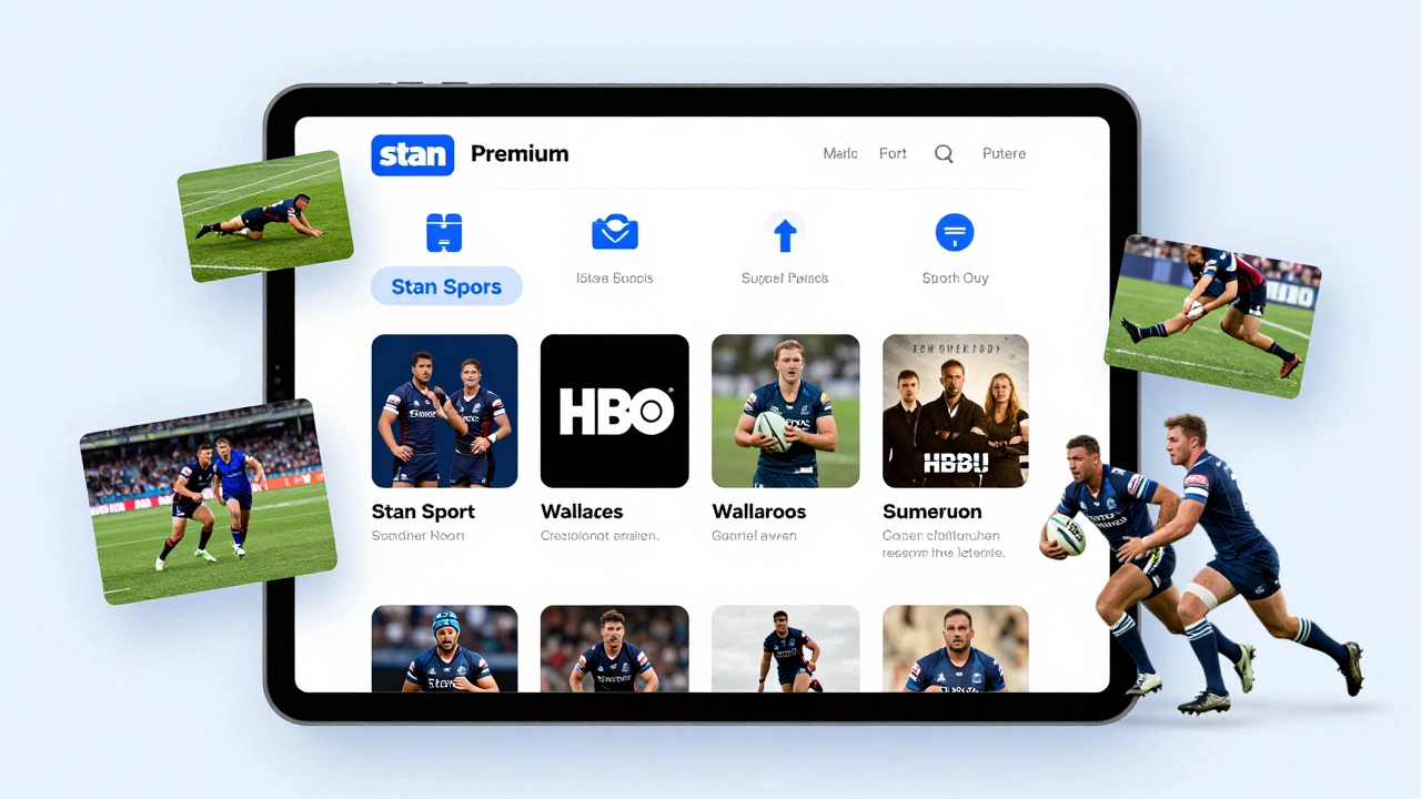 Digital dashboard showing Stan Premium subscription with rugby highlights floating around the interface.
