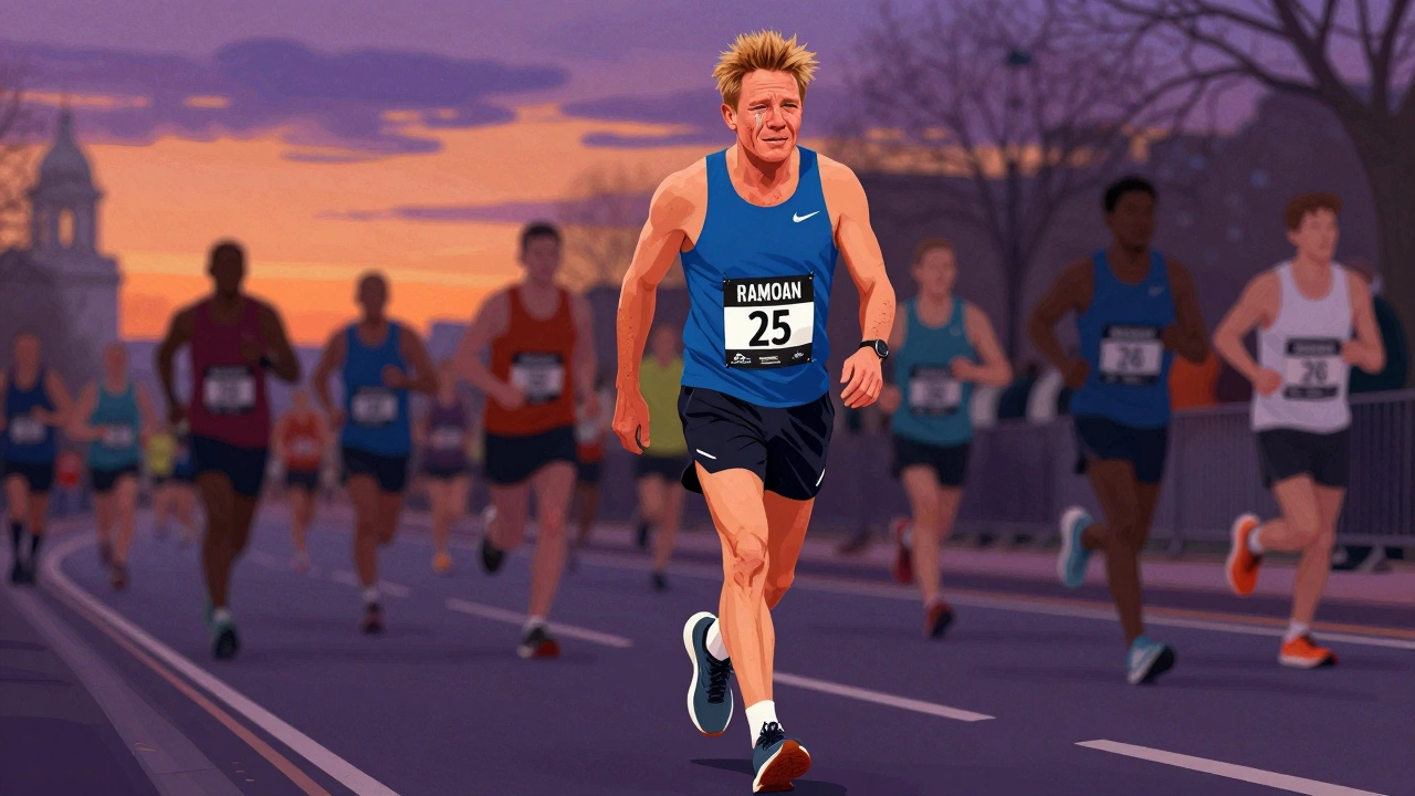 Gordon Ramsay at mile 25 of the marathon, walking through tears with legs exhausted.