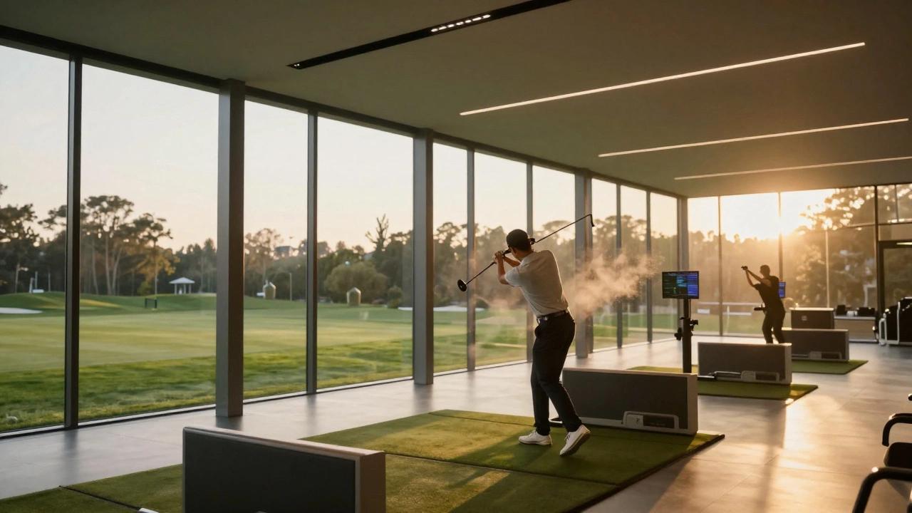 High-tech indoor golf practice facility with training equipment.