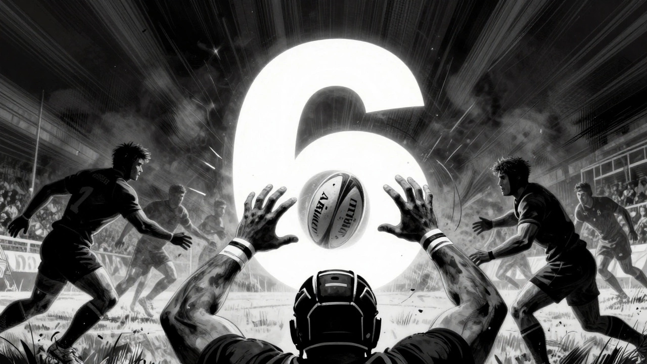 Perspective from a number 6 in a chaotic ruck, hands reaching for the ball amid swirling players.