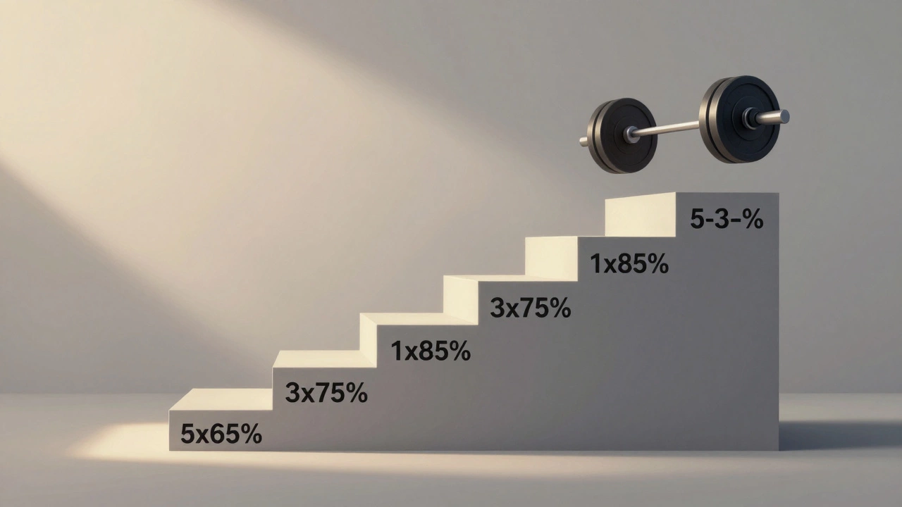 Staircase visualizing the 5-3-1 strength training progression with barbell