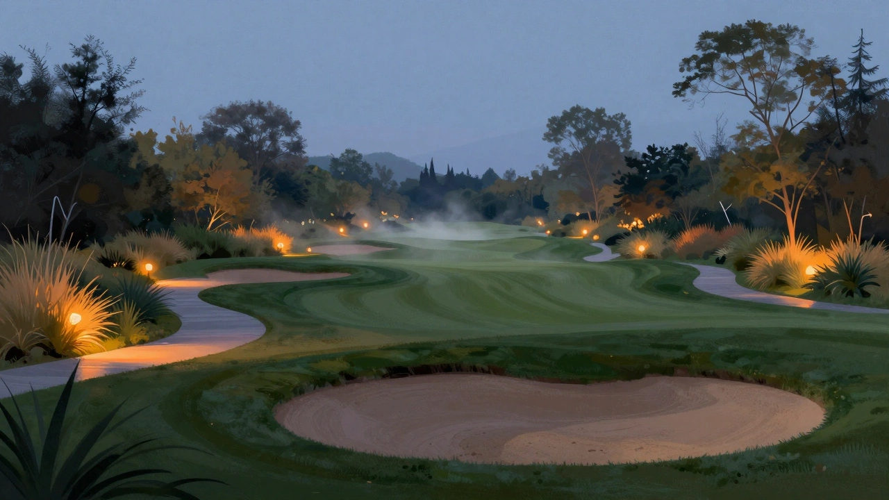 Sustainable golf landscape with drought resistant grass at dusk.