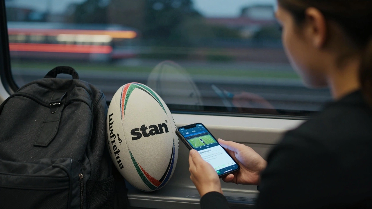 Woman on a train watching a downloaded Wallabies match on her phone, city lights outside the window.