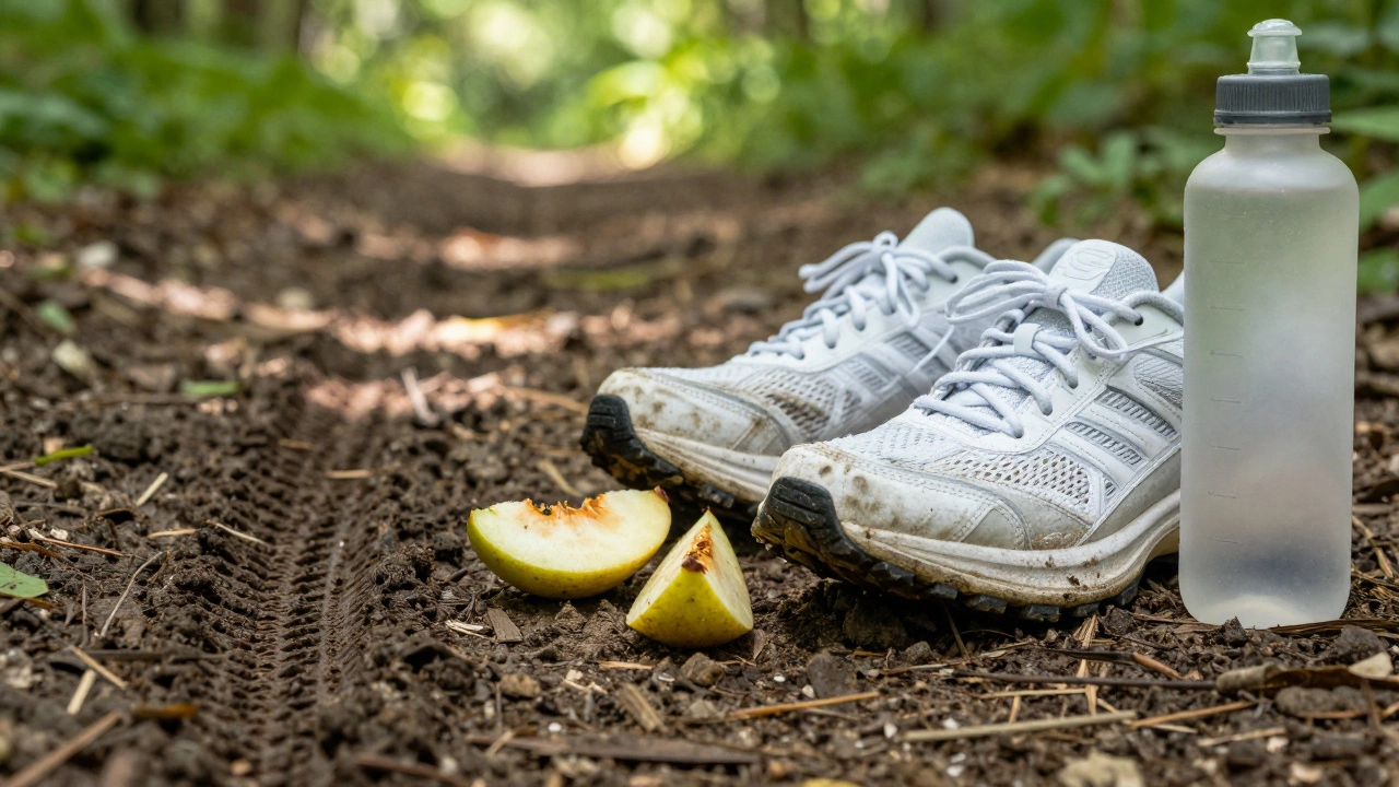 Worn running shoes and healthy snacks on a forest trail