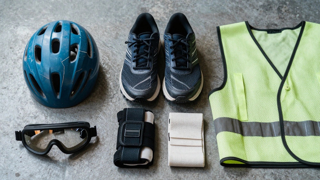 Worn sports gear laid out to show need for replacement.
