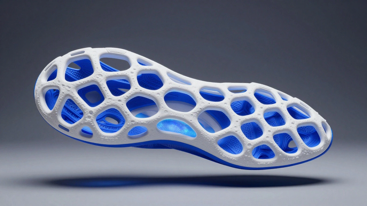 3D-printed athletic shoe midsole featuring a complex blue and white TPU lattice structure.