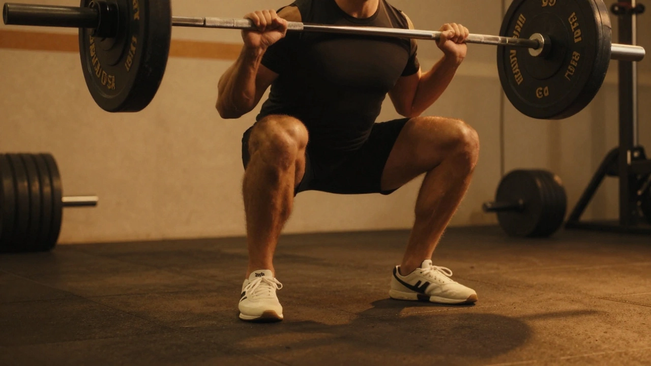 A close-up side view of a person performing a deep barbell squat with a focus on leg power.