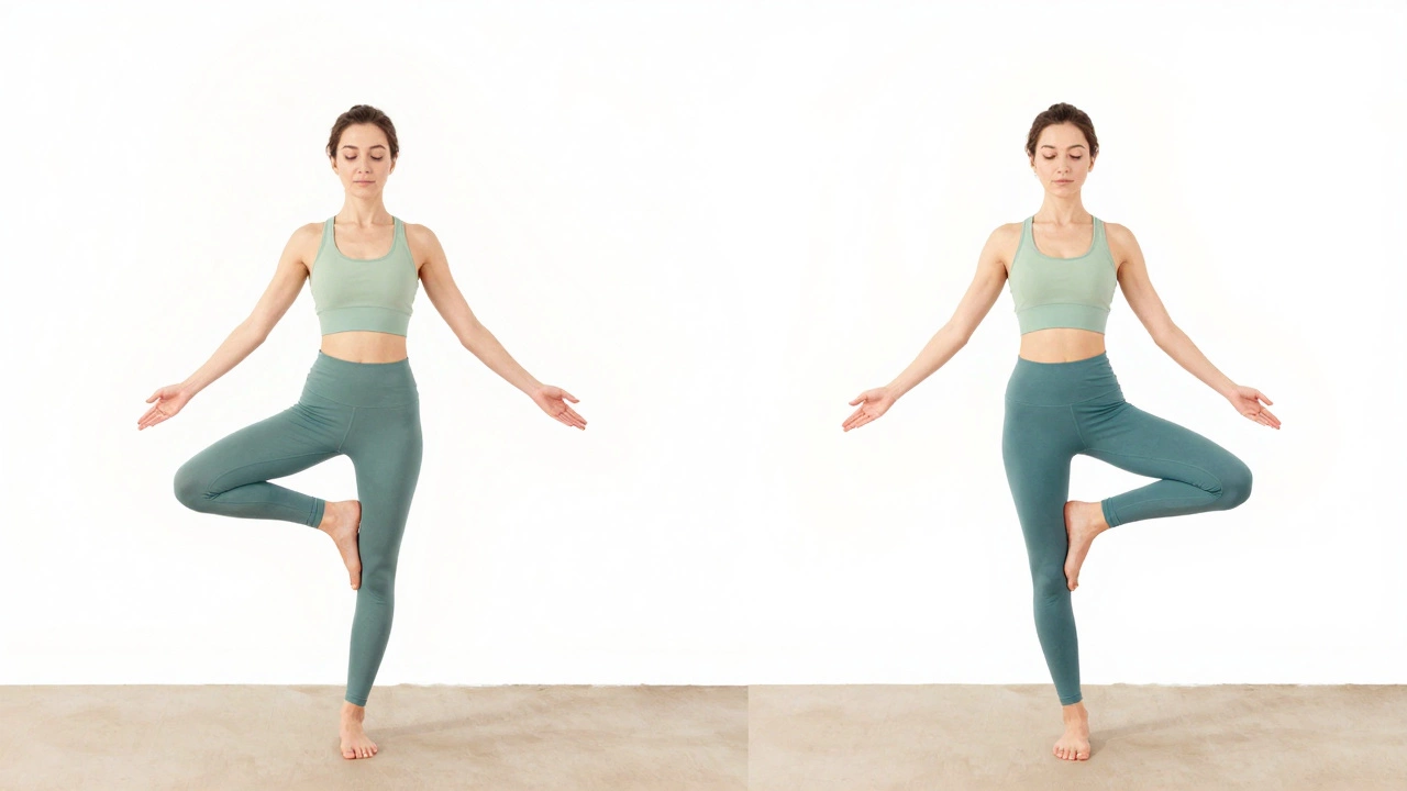 A person practicing Tree Pose near a wall, showing the journey to balance.