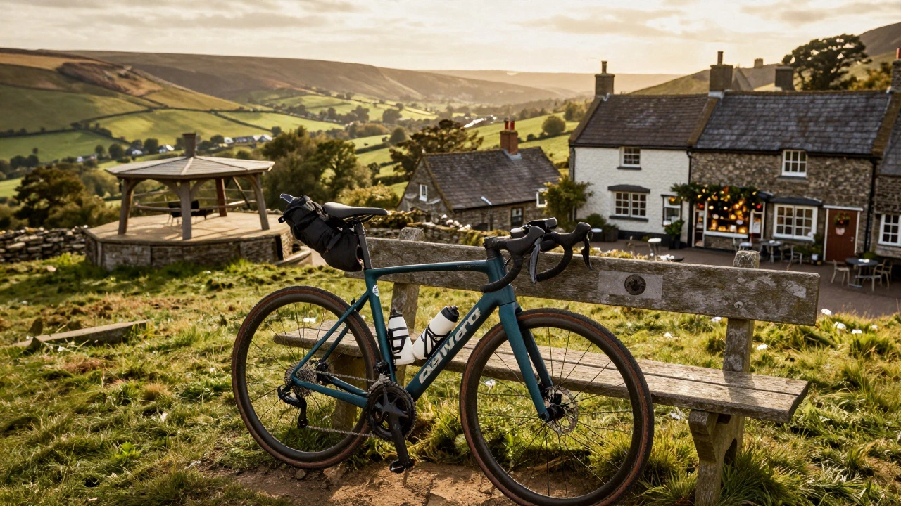 Bicycle leaning against a bench outside a countryside bakery