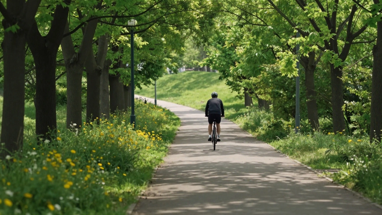 Bicycle path winding through a lush green urban park