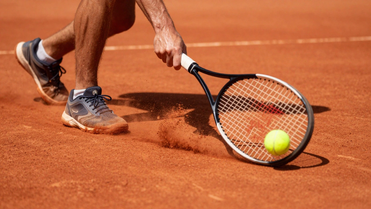 Close-up of a tennis player sliding on a red clay court with dust flying