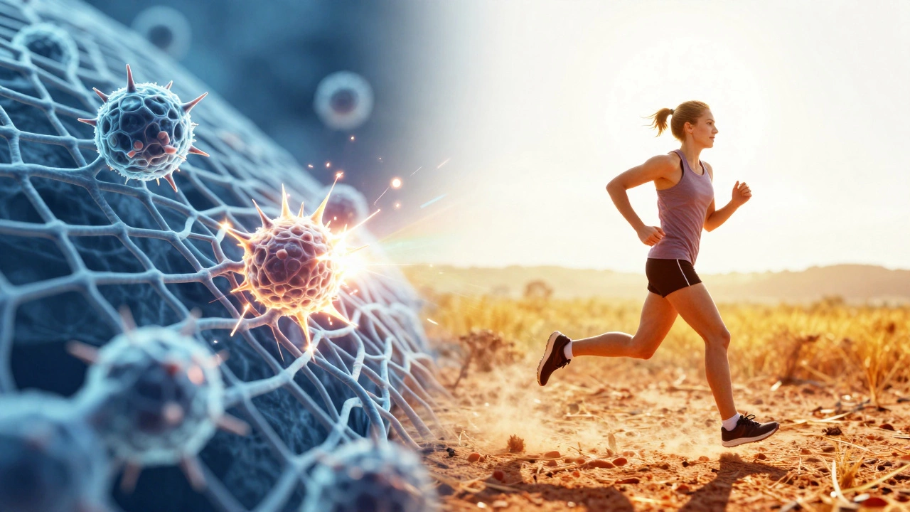 Conceptual image showing microscopic collagen damage alongside a runner in the hot sun