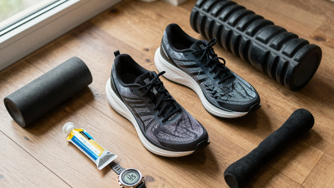 Flat lay of carbon-plated running shoes, energy gels, and a stopwatch.