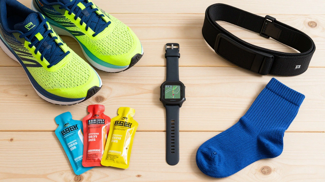 Flat lay of marathon essentials including running shoes, GPS watch, and energy gels.
