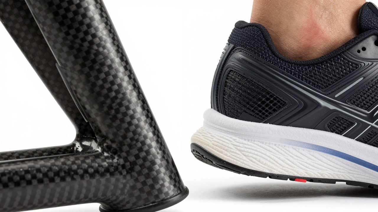 Macro comparison of stiff carbon fiber bike frame and compressive running shoe foam