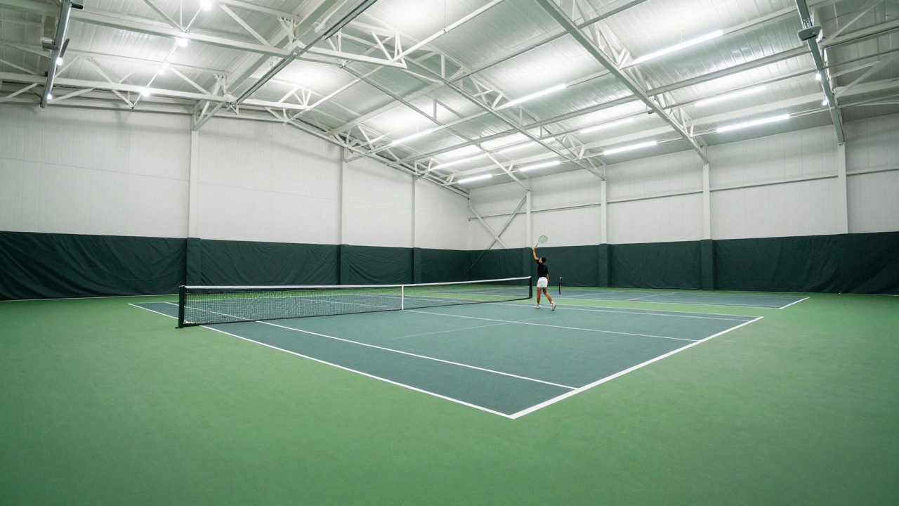 Modern indoor tennis court with green carpet and bright LED lighting