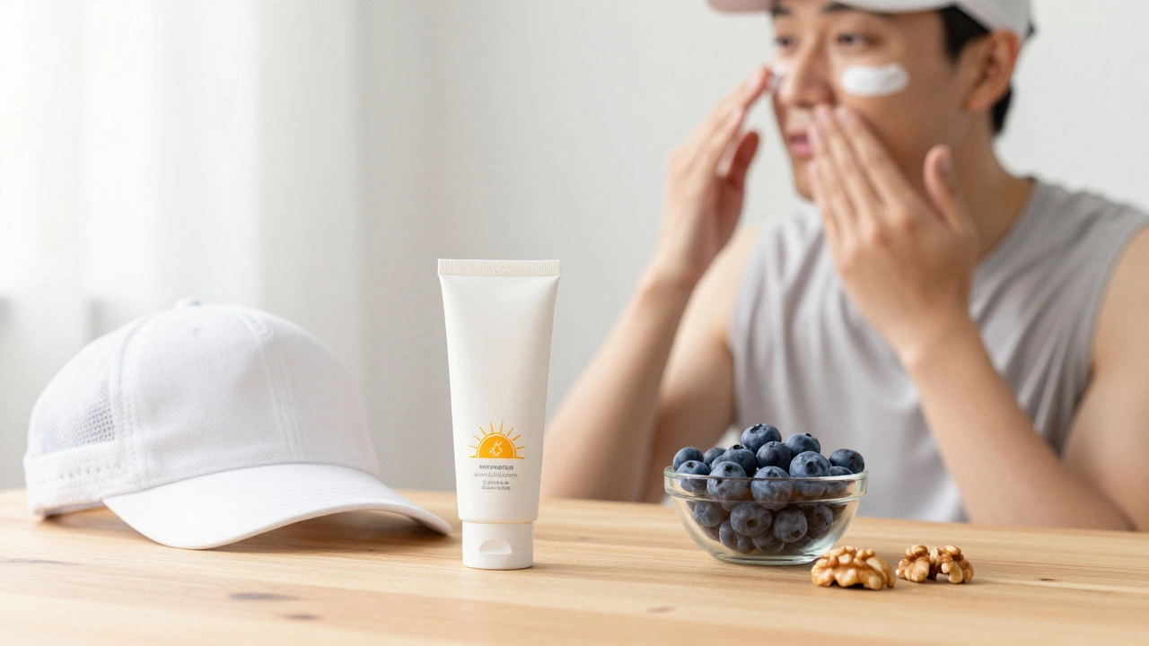 Sunscreen, running cap, and antioxidant-rich berries on a table for skin protection