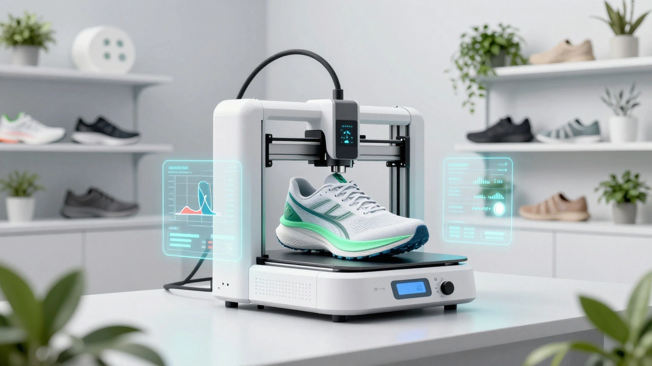 3D printer creating custom eco-friendly sports gear with data overlays