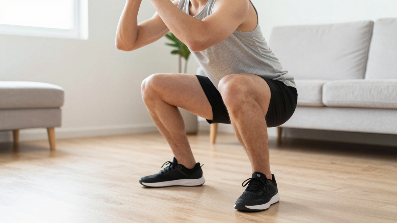 Athlete performing a deep squat in a bright room