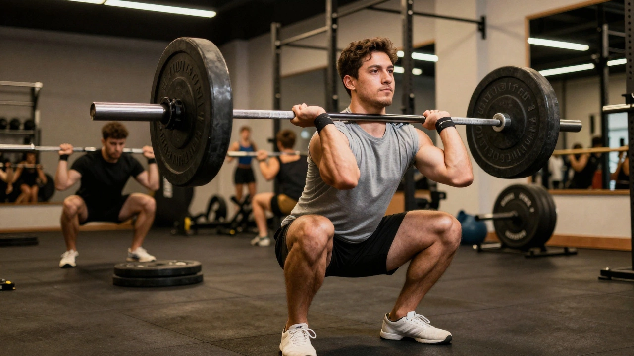 Athlete performing heavy barbell squat in bright gym setting