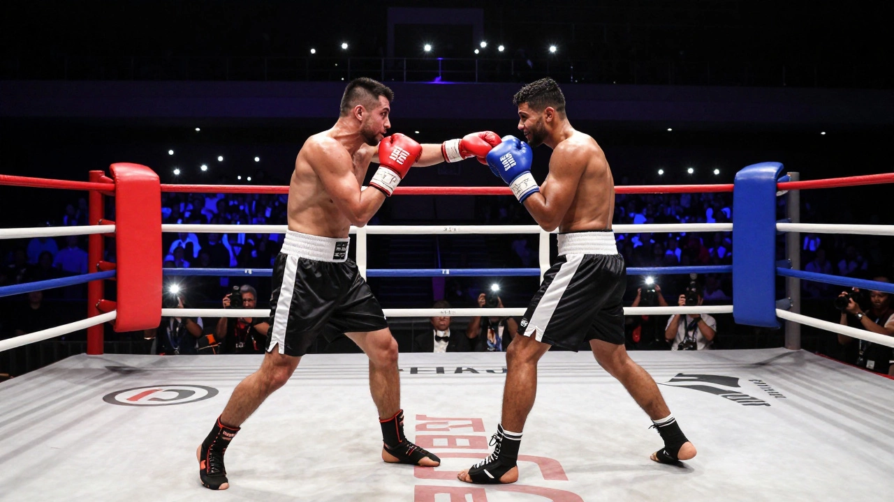 Boxers smiling during a friendly exhibition match in an arena