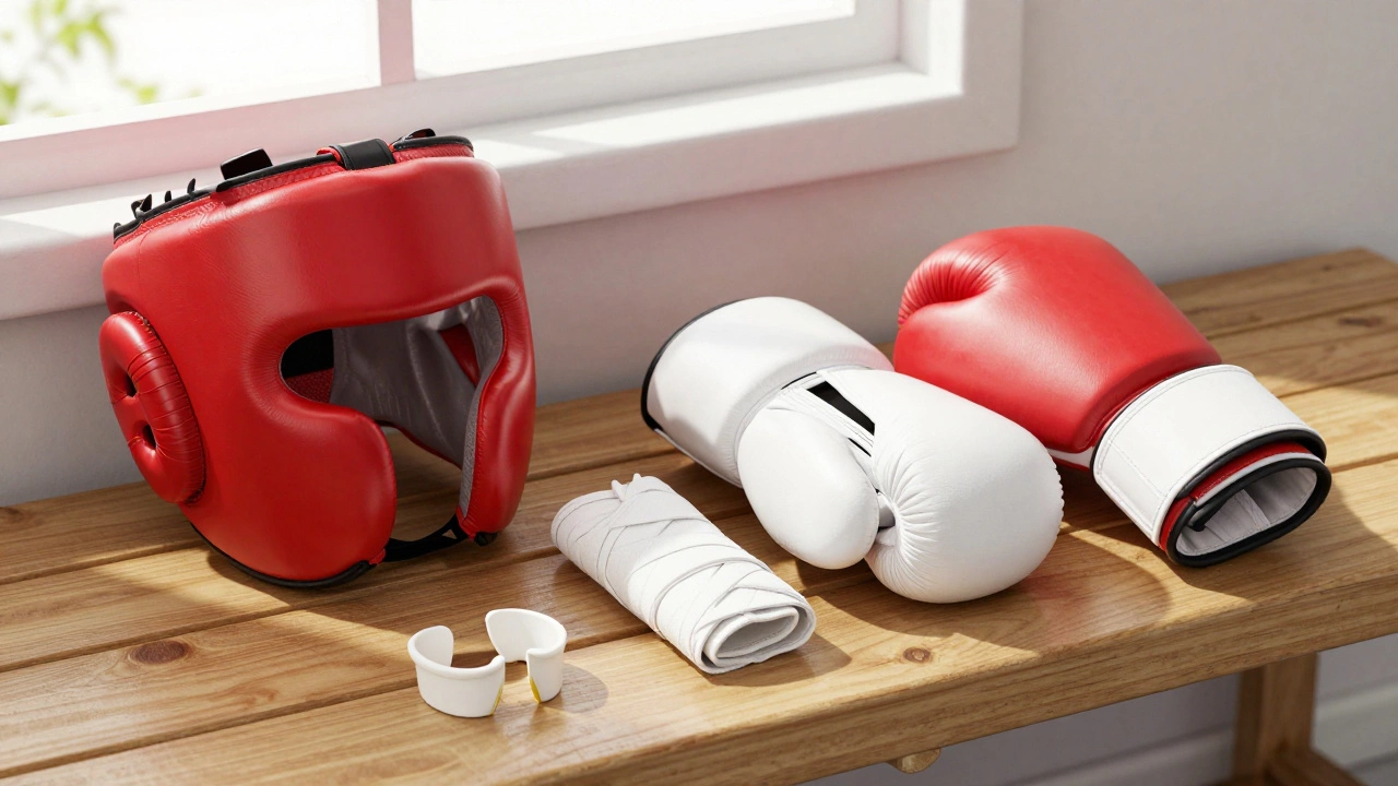 Boxing safety gear including headgear and gloves on a bench