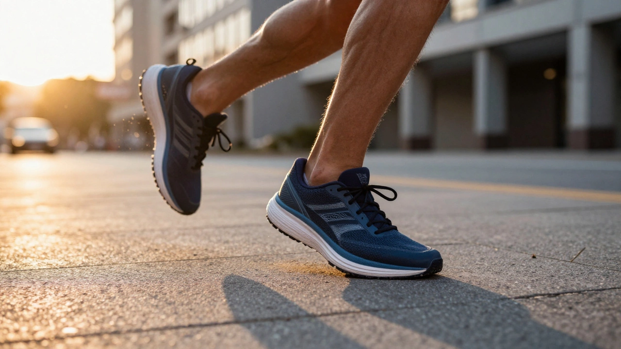 Close-up of runner's shoe hitting pavement during city jog