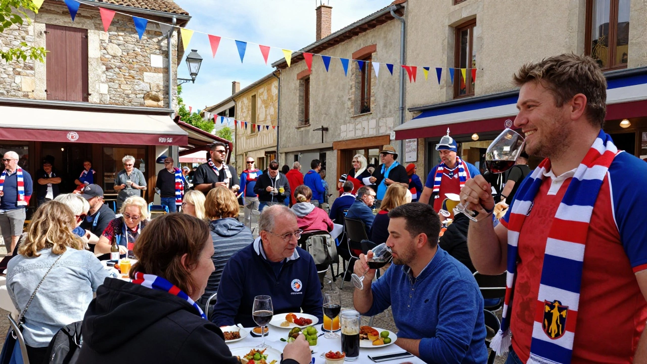 French locals celebrating rugby culture with food and scarves in a sunny town square.