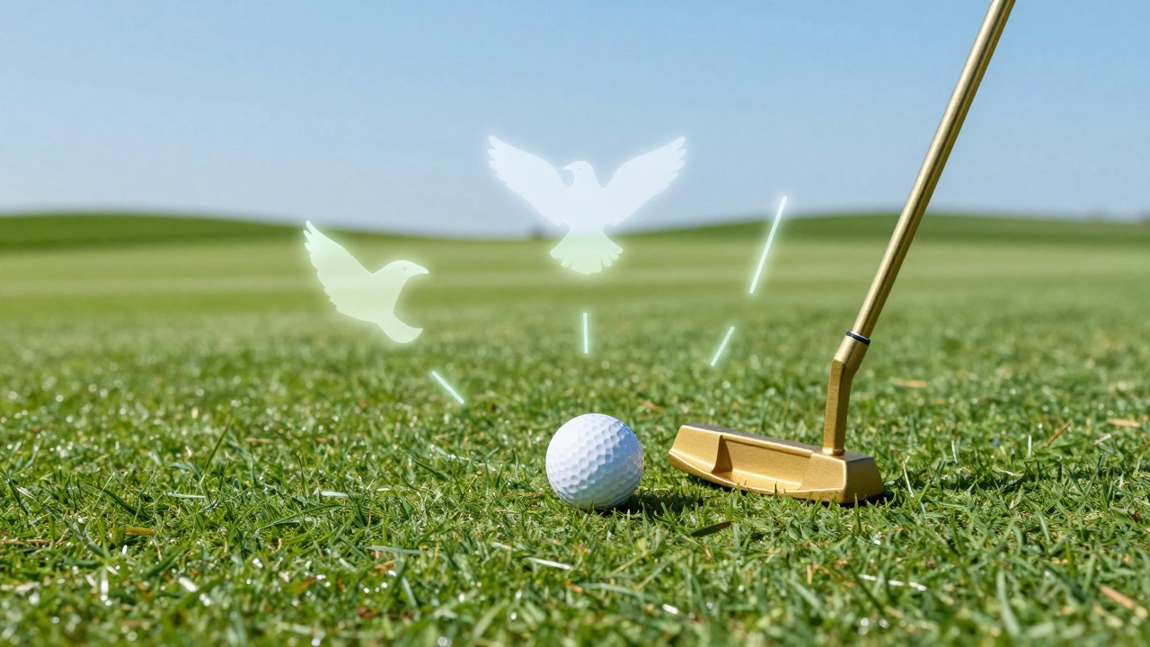 Golf putter and ball with floating score symbols on a green