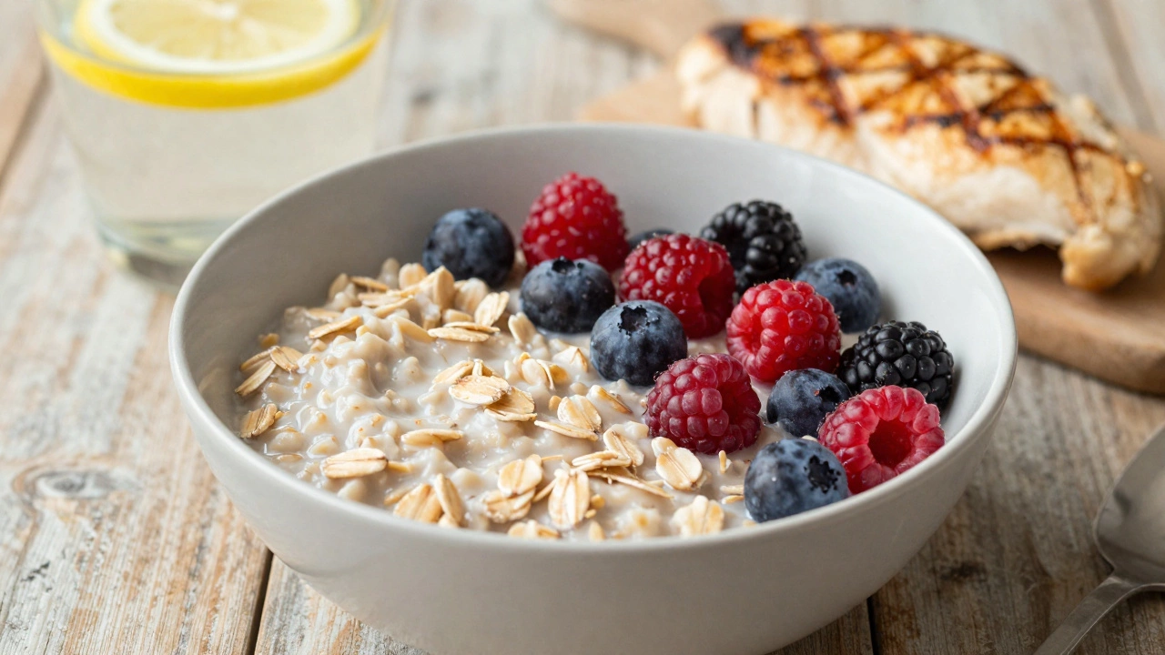Healthy meal with oats, berries, chicken, and water on a wooden table