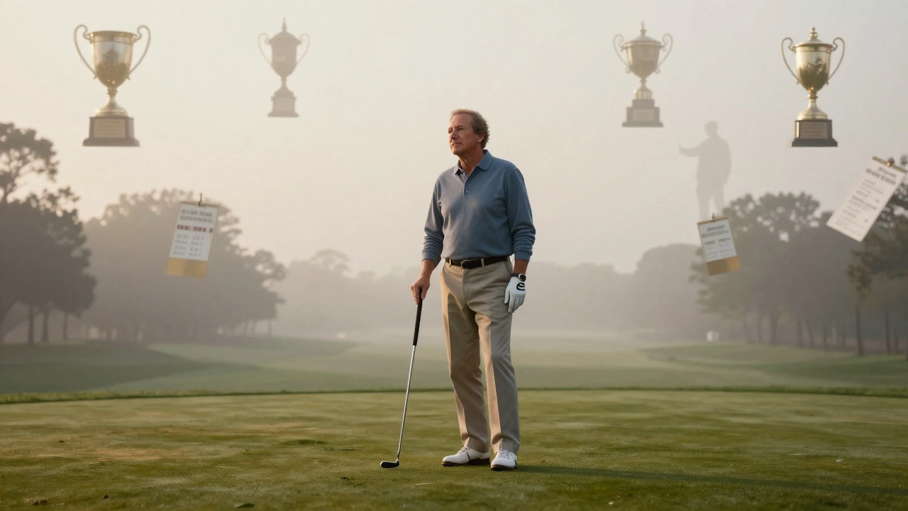 Jack Nicklaus on a misty course with floating trophy symbols representing his 18 majors.